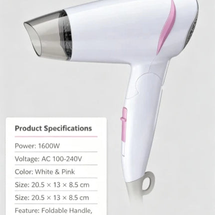 Compact Foldable Travel Blow Dryer 1600W Power 100‑240V Universal Voltage Cold Air Function Hanging Loop Design For Travel Household Hair Care