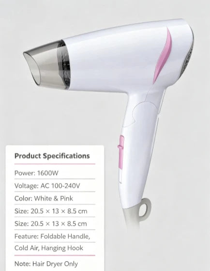 Compact Foldable Travel Blow Dryer 1600W Power 100‑240V Universal Voltage Cold Air Function Hanging Loop Design For Travel Household Hair Care