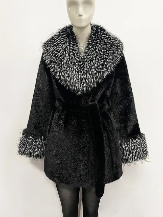 ZADORIN Luxury Long Mink Coat Faux Raccoon Fur Collar Warm Black Fur Coat Woman Elegant Belted Faux Fur Jacket Winter Outerwears