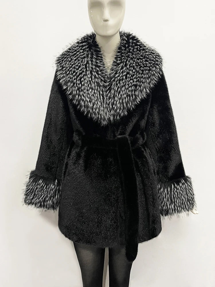 ZADORIN Luxury Long Mink Coat Faux Raccoon Fur Collar Warm Black Fur Coat Woman Elegant Belted Faux Fur Jacket Winter Outerwears