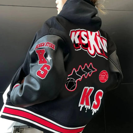 Bomber Jacket Men Women Flocking Hip Hop Loose Casual Patchwork Coat Unisex Embroidery High Street Varsity Baseball Outwear 2023