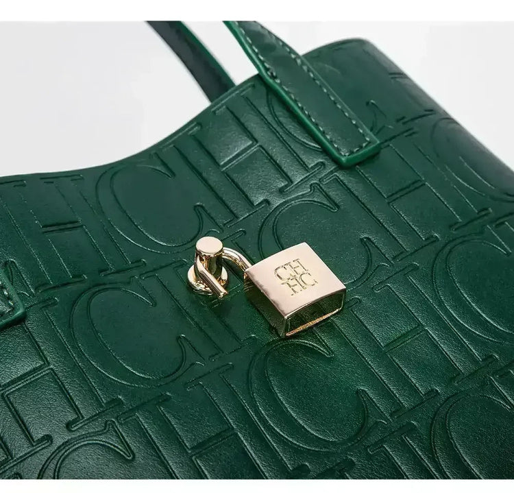 CH Large Capacity Handbag Luxury Brand Temperament Letter Print with Lock Design 2025 Trendy Women's Crossbody Bag PlatiNum