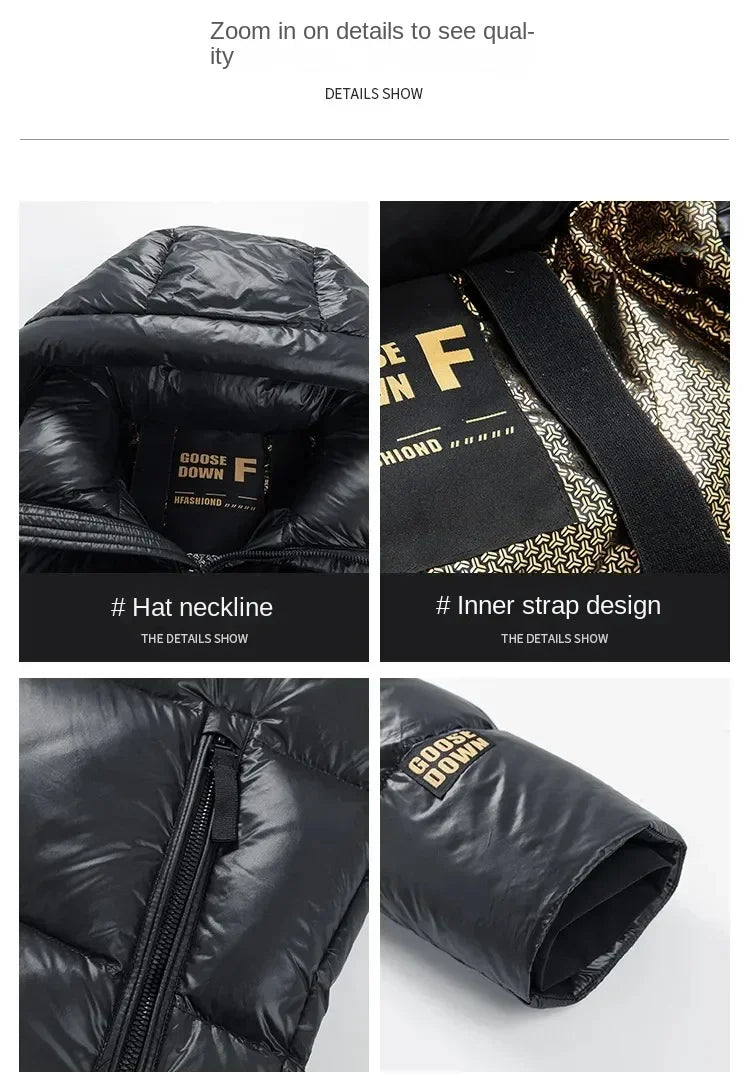 -30 ℃ Cold-proof Long Down Jacket Men's Light Luxury Black Gold Lightweight 95% Goose Down Jacket Unisex Winter Warm Hooded Coat PlatiNum