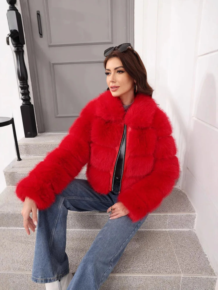 ZADORIN 2025 Chic Winter Fur Coats Woman Spliced Cropped Fluffy Faux Fur Jacket Woman Lapel Zipper Fox Fur Faux Coat Y2K Clothes