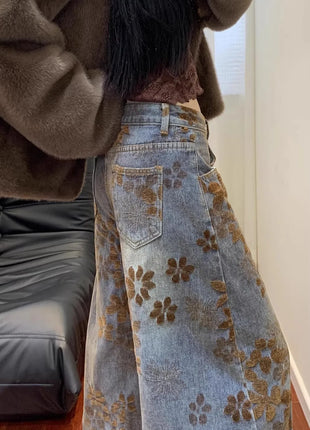 Jeans a gamba larga da donna con ricamo floreale retrò americano, nuovi per la primavera, vestibilità ampia e snellente, pantaloni a tubo dritto, stile per coppie, lunghezza al pavimento