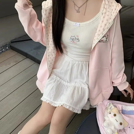 Thin Cat Pattern Floral Long Sleeve Zippered Hoodie Women's Spring and Summer Japanese Style Cute Open Cardigan Loose Top
