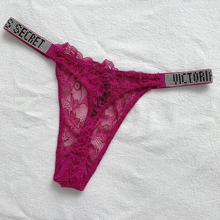 Satin Letter Rhinestone G-String Women Underwear Sexy Lace Lingerie Low Waist Seamless Panties Panties