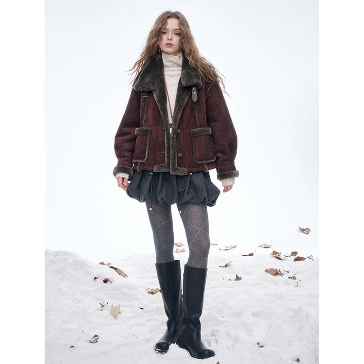 ELFSACK Women's Vintage Suede Plush Winter Coat 2025, Loose Turn-Down Collar Blend Jacket, Casual Versatile Outerwear