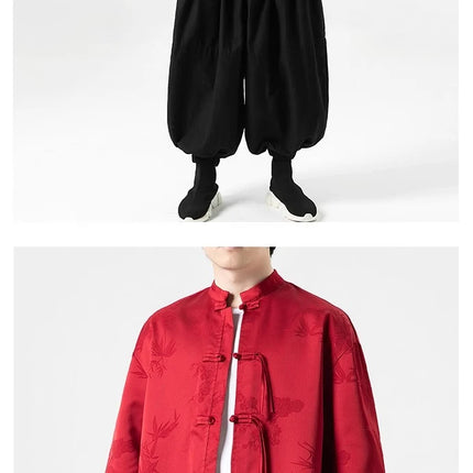Camicia cinese da uomo con foglie di bambù floreali scuri Seta di ghiaccio Estate Confortevole e traspirante Stile retrò Camicie larghe alla moda da uomo Top