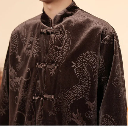 Giacca in velluto da uomo in stile cinese con stampa drago camicie da uomo tradizionale abito Tang Kung Fu Tai Chi camicie casual retrò abbigliamento da uomo