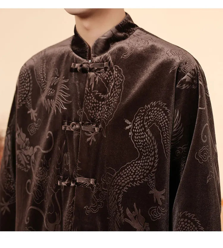 Giacca in velluto da uomo in stile cinese con stampa drago camicie da uomo tradizionale abito Tang Kung Fu Tai Chi camicie casual retrò abbigliamento da uomo