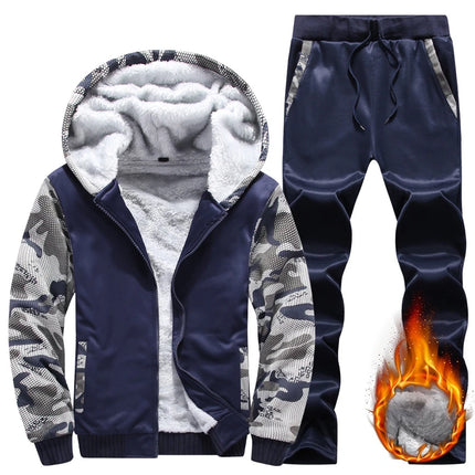 New Winter Fleece Thicken Men's Two-piece Zipper Sports Set Hooded Thermal Suit Casual Oversized Tracksuit 4XL 5XL Funny Suit