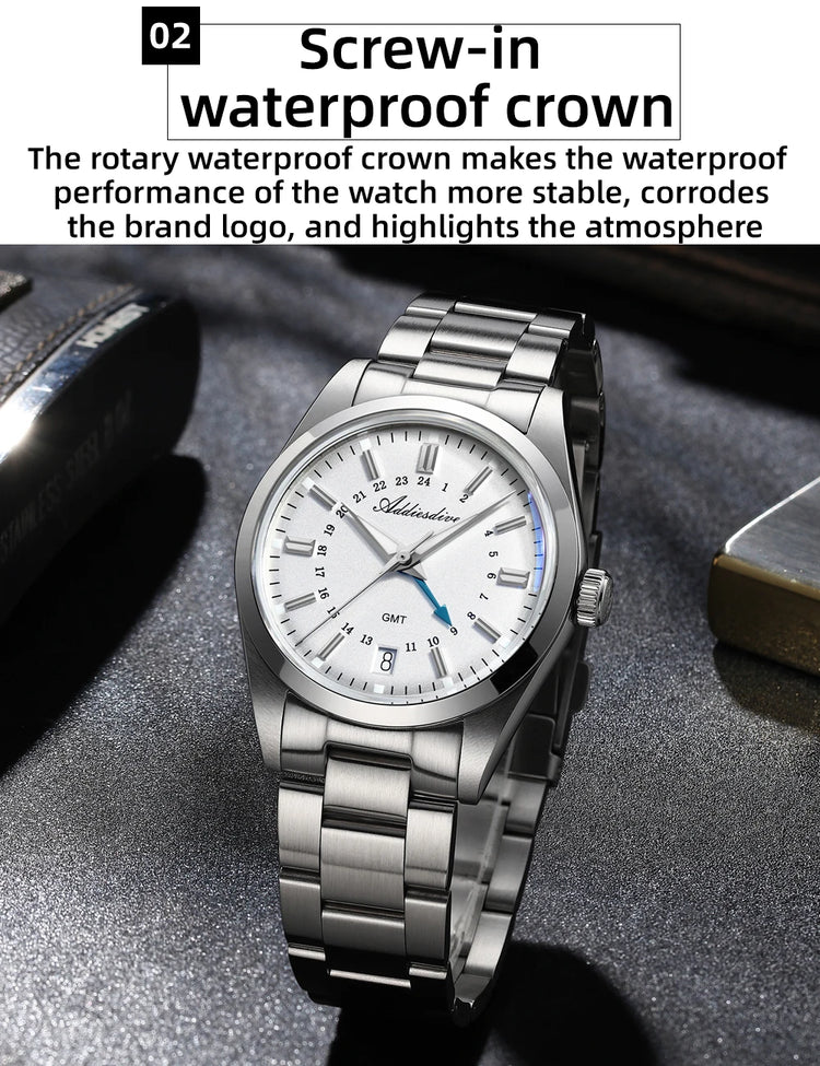 ADDIESDIVE 36mm Stainless Steel GMT Quartz Watch Bubble Mirror Pot Cover Glass 10ATM Dive Luminous Simple Watches For Men