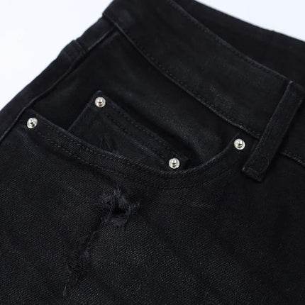 Designer street fashion men's jeans washed, elastic, slim fit, perforated, cashew flower patch, black denim high street pants, h PlatiNum
