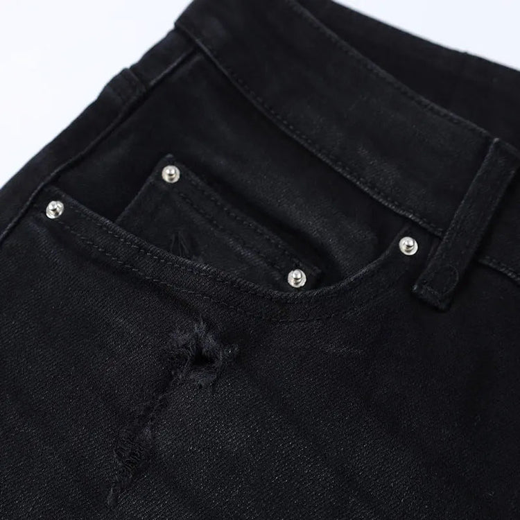 Designer street fashion men's jeans washed, elastic, slim fit, perforated, cashew flower patch, black denim high street pants, h PlatiNum