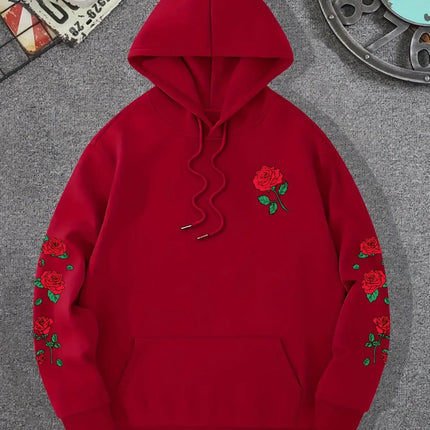 Men Rose Print Pullover Hoodie Casual Long Sleeve Streetwear Hip‑Hop Hooded Sweatshirt For Autumn Winter Women Warm Fleece Tops