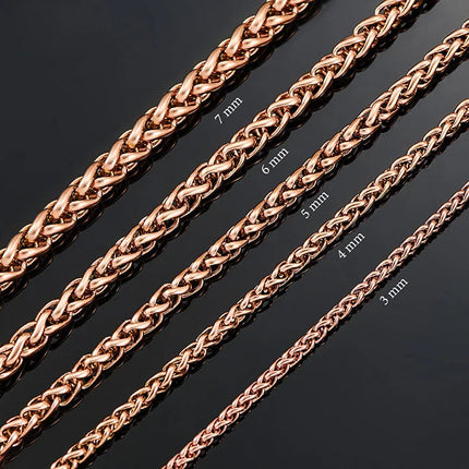 3mm/4mm/5mm/6mm/7mm Rose Gold Color Stainless Steel Wheat Braided Necklace Link Classic Curb Chain for Men Women Jewelry PlatiNum