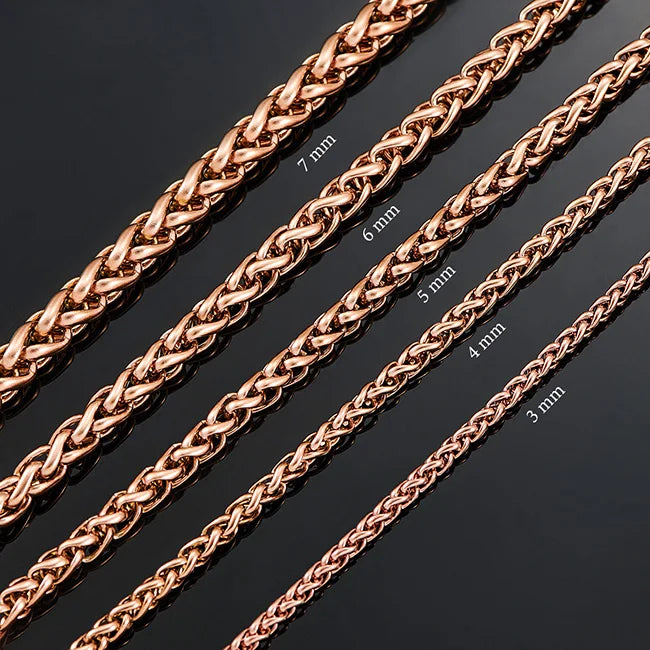 3mm/4mm/5mm/6mm/7mm Rose Gold Color Stainless Steel Wheat Braided Necklace Link Classic Curb Chain for Men Women Jewelry PlatiNum