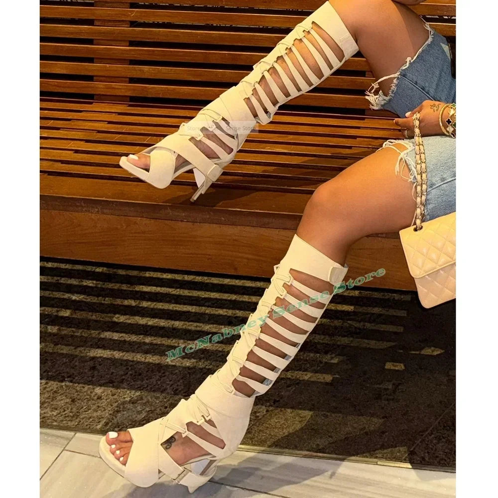 Straps Hollow Knee High Sandals Open Toe Stiletto Heels Buckles Sexy Style Sandals Women Shoes Solid Stiletto Heels Summer Shoes