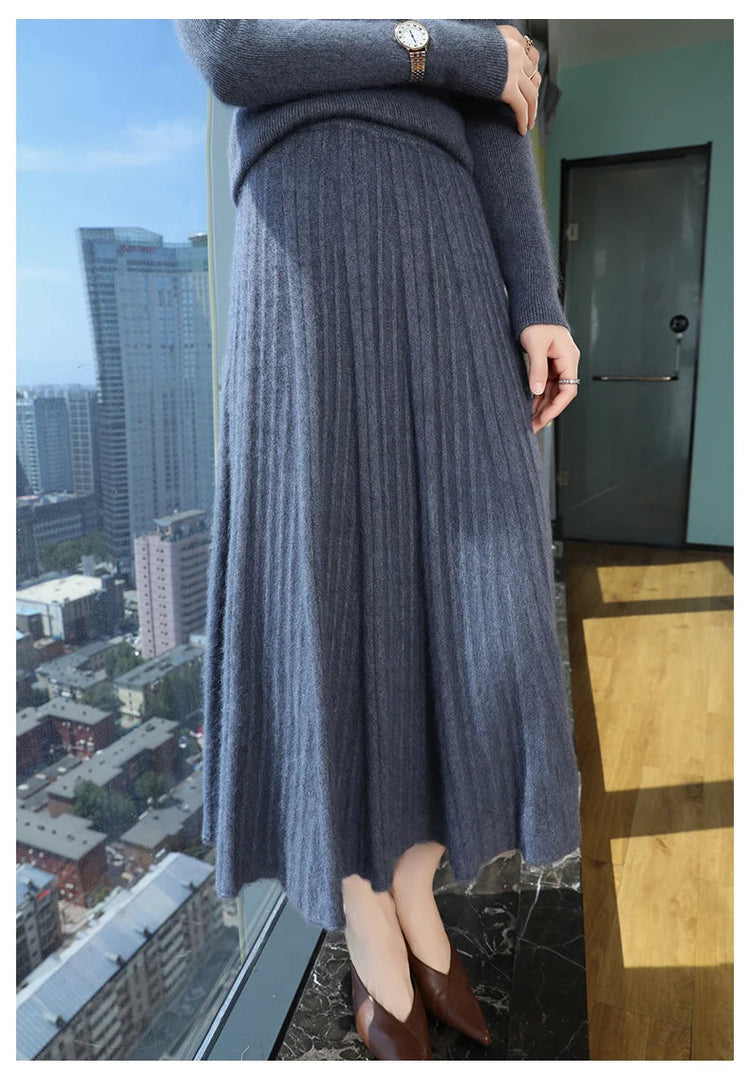 FRSEUCAG Autumn and winter women's warm half skirt 100% mink cashmere pleated skirt thick long skirt soft and loose fashionable PlatiNum