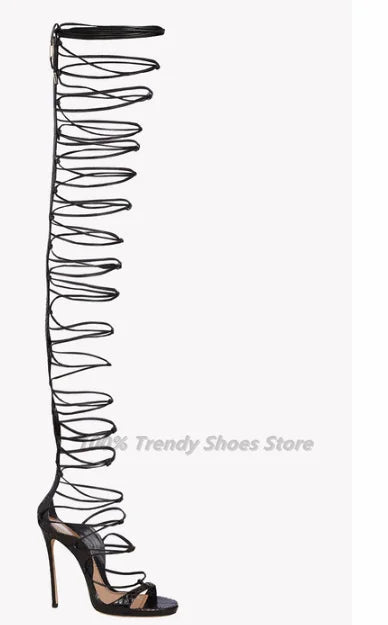 European Station Black Texture Sexy Cross Strap Over Knee Fashion Fashion Show High Heel Sandals Roman Sandals