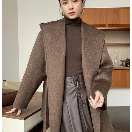 Brushed 100% Wool Coat Women Hooded Belted Wrap Coat Long-Pile Double-Faced Texture Unlined Relaxed Fit Short Coats Fall Winter