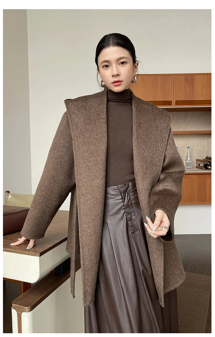 Brushed 100% Wool Coat Women Hooded Belted Wrap Coat Long-Pile Double-Faced Texture Unlined Relaxed Fit Short Coats Fall Winter