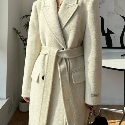 High-end White Thick Double-sided Wool Cashmere Coat Long Women Fashion Casual Loose Lapel Lace-up Woolen Jacket Autumn Winter