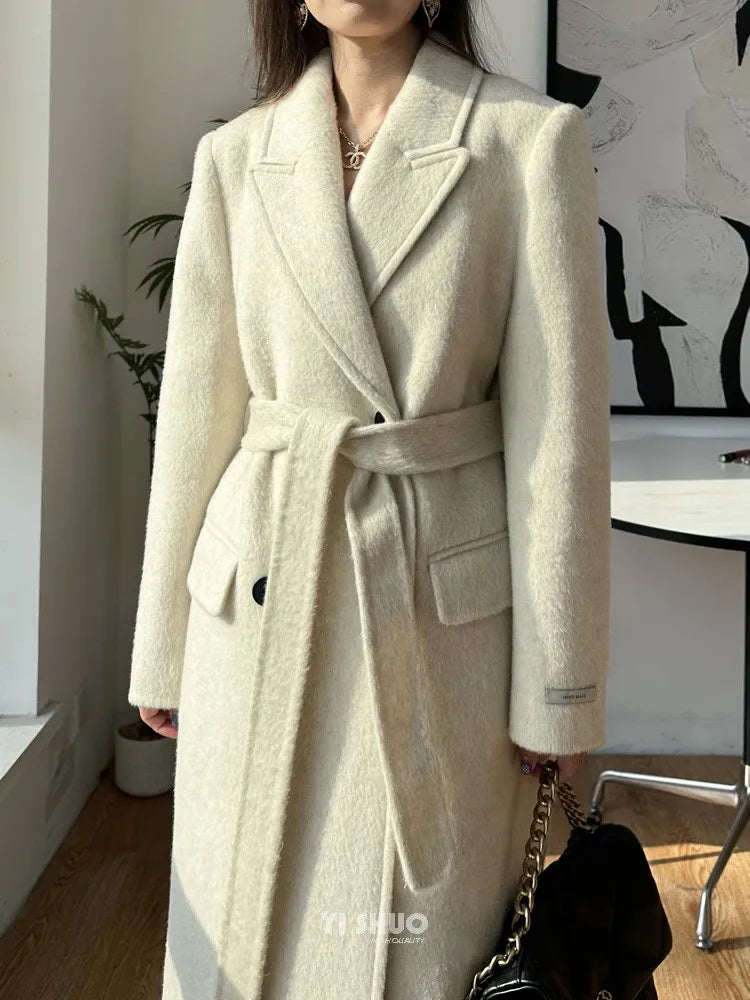 High-end White Thick Double-sided Wool Cashmere Coat Long Women Fashion Casual Loose Lapel Lace-up Woolen Jacket Autumn Winter