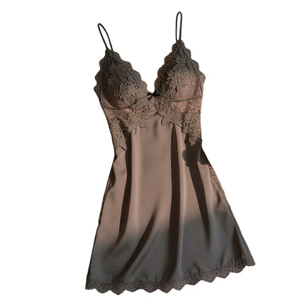 Camicia da Notte Sexy da Donna con Imbottitura sul Seno, in Raso e Pizzo, Scollo a V Profondo, Pigiama in Seta, Lingerie con Spalline, Abbigliamento per Casa