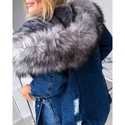 Autumn Women Vintage Hooded Denim Jackets Wth a Large Fluffy Collar Frayed Design Buttoned Overcoat