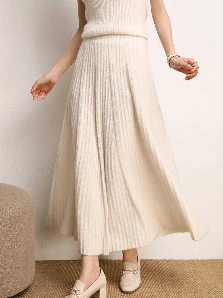 New Chic Pleated Skirts Woman Slimming Umbrellas Autumn Winter 100% Cashmere Knitted Long Skirt Solid Color Basics Woman Clothes PlatiNum