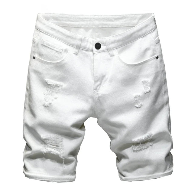 Pantalones cortos vaqueros rectos informales de moda de verano 2024 para hombre, sencillos, rasgados, estilo urbano, ajustados, negros y blancos