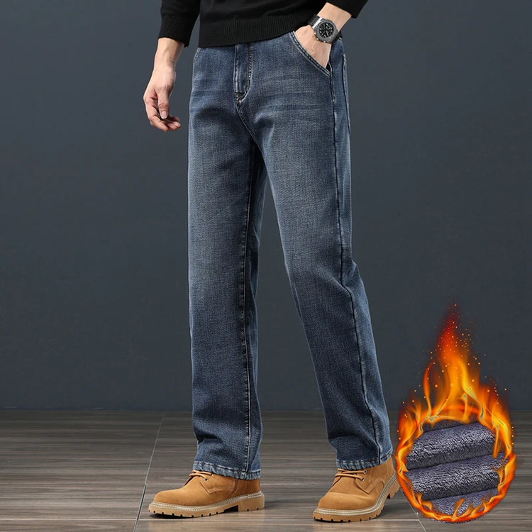 Winter Fleece Classic Loose Straight Men Jeans Warm Thicken Trousers Business Casual Velvet Elastic Denim Pants Plus Size 42 44