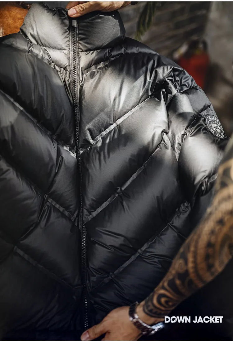 Maden Men's 90% White Duck Down Jacket Black Stand Collar Short Quilted Puffer Jacket Thermal Coat for Winter Streetwear