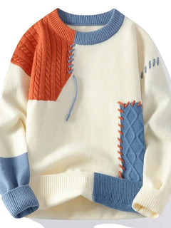 Men Knitted Jumpers Patchwork Sweater O Neck Pullovers Spliced Long Sleeve Jumper Slight Strech Standard Wool 2024 Casual