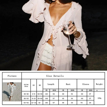 Copricostume estivo da spiaggia con scollo a V, bikini ampio con volant, protezione solare, grembiule, costume da bagno, manica lunga, copricostume per donna platinumshop