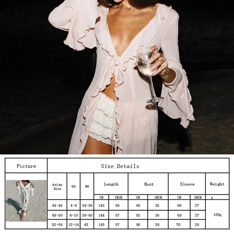 Copricostume estivo da spiaggia con scollo a V, bikini ampio con volant, protezione solare, grembiule, costume da bagno, manica lunga, copricostume per donna platinumshop