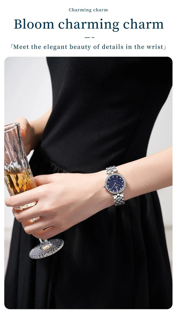 OLEVS 3641 Elegante orologio al quarzo da donna impermeabile Quadrante stellato luminoso in acciaio inossidabile con confezione regalo - Accessorio alla moda da donna platinumshop