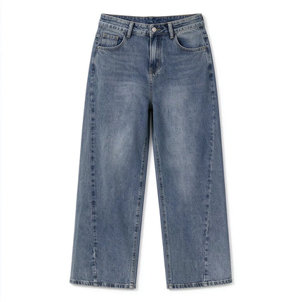 Women's Low Waist Wide Leg Jeans, Grey Blue Washed Denim, Stretchy, Casual Fashion Wide Leg Pants for Female,Yw-1918