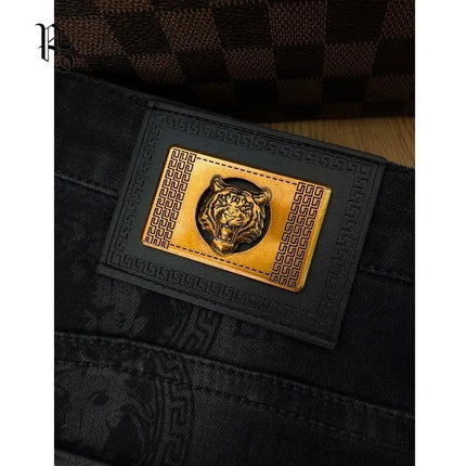 Spring and Autumn Korean Slim Jeans for Men 2025 High-end Luxury Clothing Black Printing Mid-waist Stretch Casual Pencil Pants PlatiNum