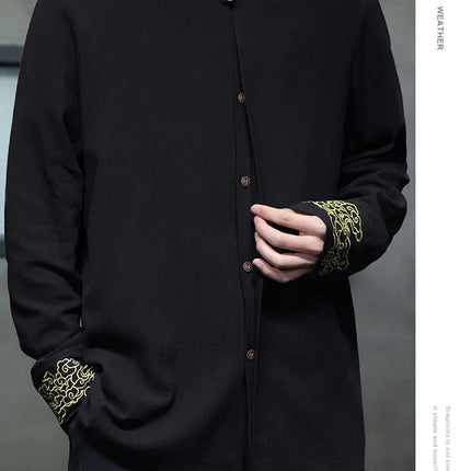 Camicie da Uomo di Alta Qualità con Ricami in Stile Cinese, Colletto Rialzato Retrò, in Lino Comodo e Traspirante, Camicie Casual da Uomo