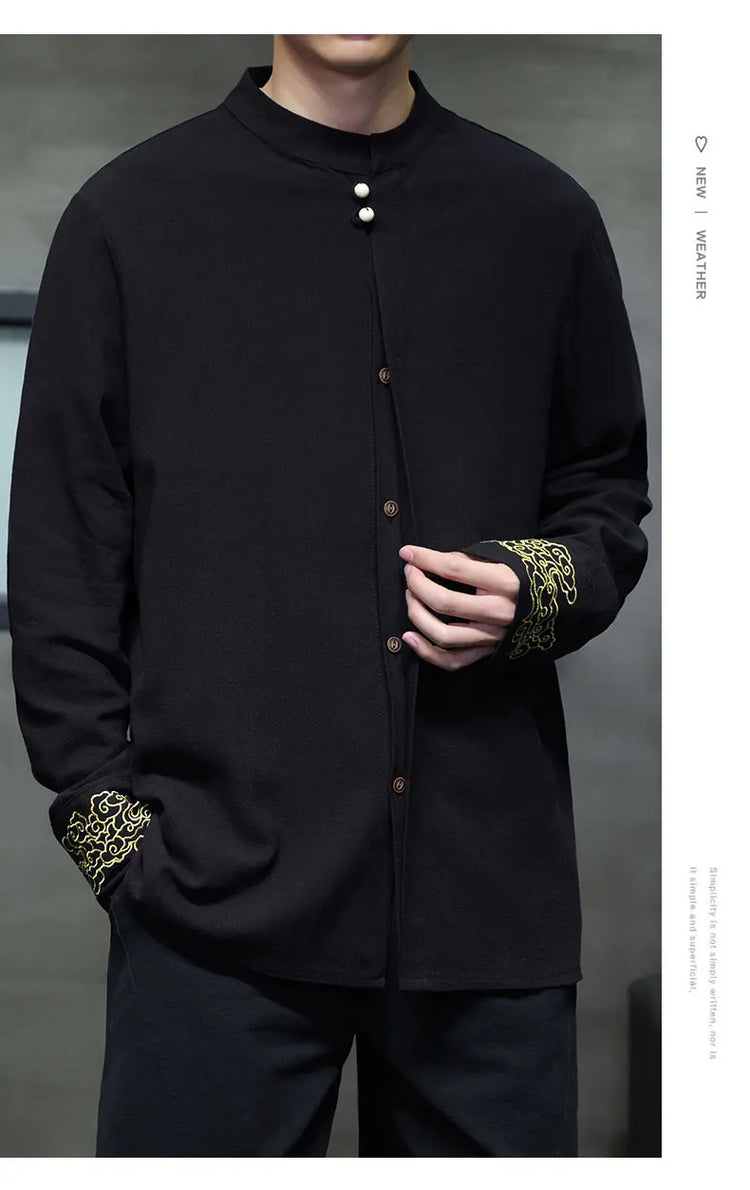 Camicie da Uomo di Alta Qualità con Ricami in Stile Cinese, Colletto Rialzato Retrò, in Lino Comodo e Traspirante, Camicie Casual da Uomo