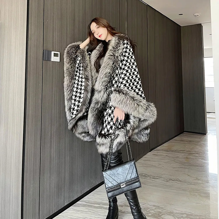 ZADORIN Autumn Winter Luxury Faux Fur Coat Women Elegant Houndstooth Tweed Warm Big Poncho Fur Shawl Cape Women Party Outerwear