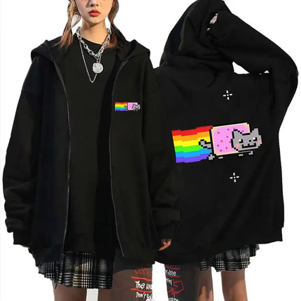 Game Rainbow Nyan Cat Funny Meme Zipper Hoodie Men Women Casual Humor Zip Up Jacket Fleece Cotton Oversized Zip Up Sweatshirt