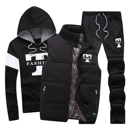 3 Pieces Set Hoodies+Vest+Pants Casual Men's Track Suit Clothing Coats Winter Thick Warm Tracksuit for Men Printed Mens Set Vest