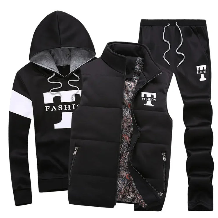 3 Pieces Set Hoodies+Vest+Pants Casual Men's Track Suit Clothing Coats Winter Thick Warm Tracksuit for Men Printed Mens Set Vest