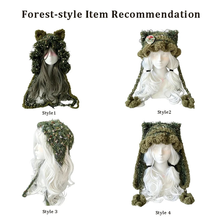 Custom Handmade Crochet Moss Green Fox Ear Hat Women Plush Floral Knitted Beanie Men Goblincore Cosplay Forest Winter Warm Hood