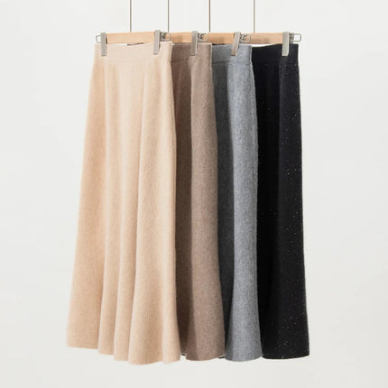 Autumn Winter Women New 100% Cashmere Fishtail Skirt  Mid Length Slimming High Waisted Knitted Umbrella Skirt Elegant Dress PlatiNum