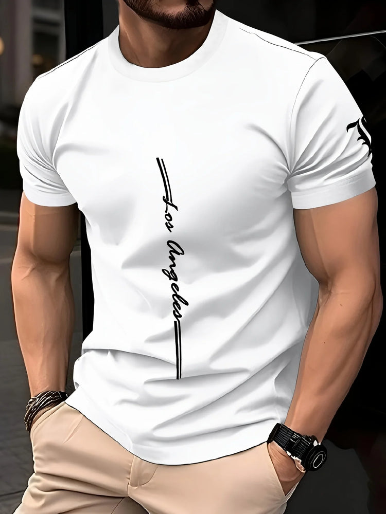 T-shirt da uomo girocollo da allenamento ampia e traspirante ad asciugatura rapida con motivo a lettere stampato sul tessuto durevole casual all'aperto